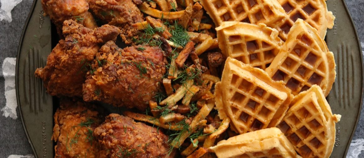 Fried Chicken and Waffles on Tray